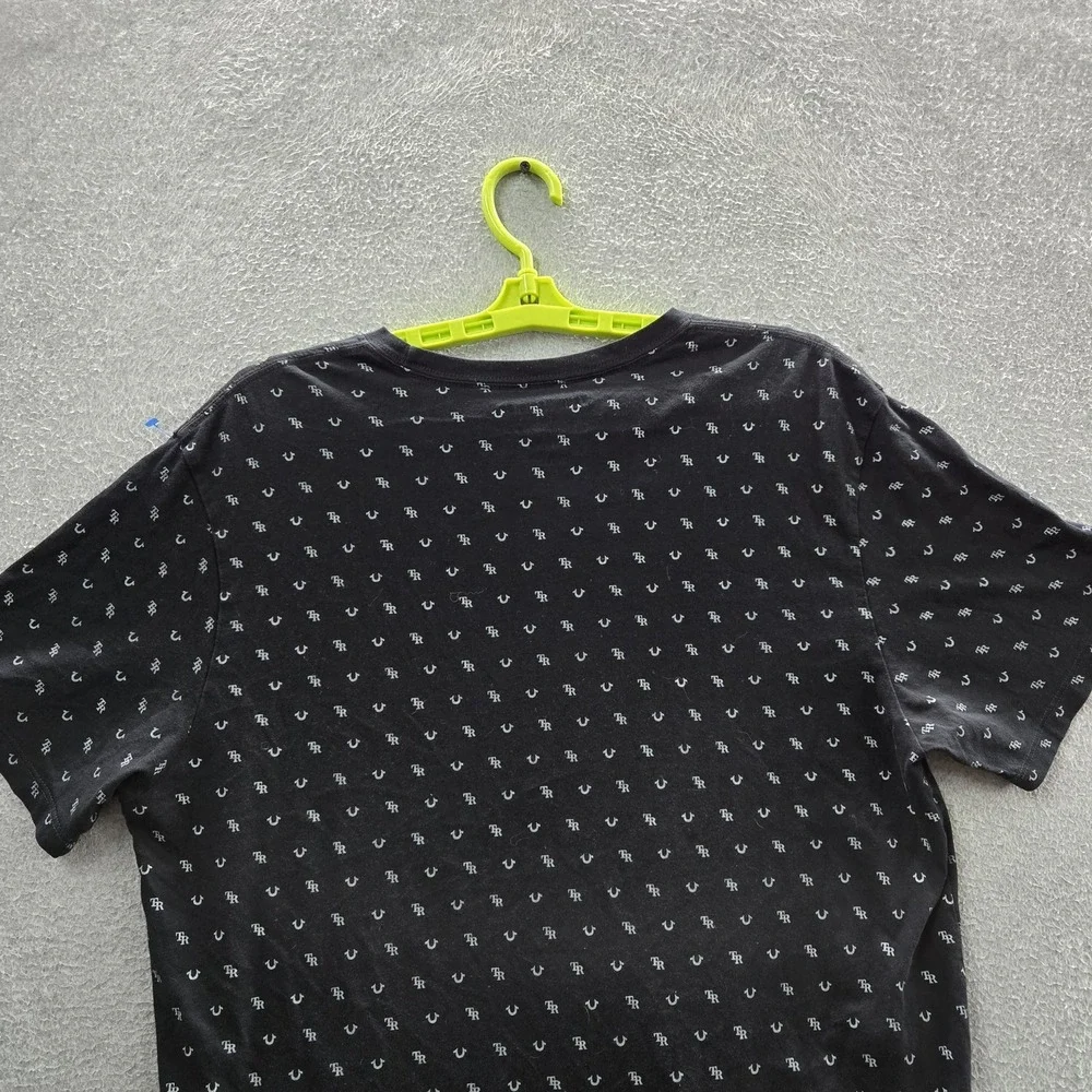 True Religion Men Shirt L Black Graphic All Over Monogram‎ Logo Short Sleeve